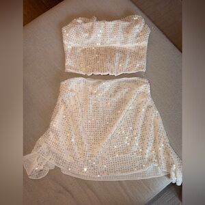 Oh Polly Sequin Two-Piece Crop Top & Skirt Set - White/Cream